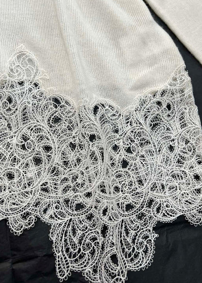Boutique Beige Cold Shoulder Lace Patchwork Woolen Knit Sweaters Fall Rv027