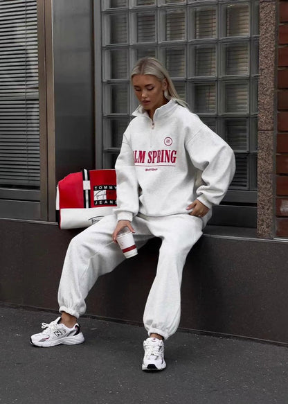 Palm Springs Vibe - Letter Print Zip-up Sweater Set