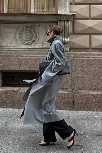 Lazy- European Color Stand Collar Belted Long Overcoat