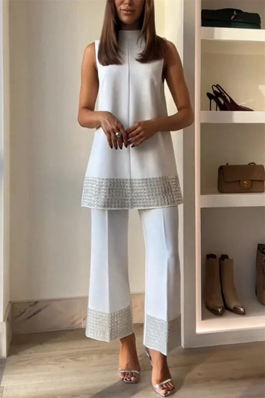 Simple but Not Simple Sequin Trim Back Elastic Waist Crop Loose Pants