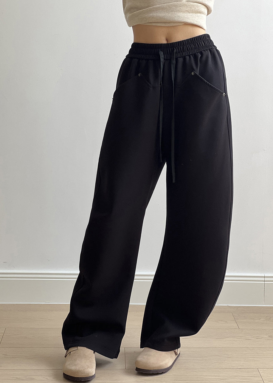 Black Pockets Cotton Pants Drawstring Elastic Waist Fall Af1071