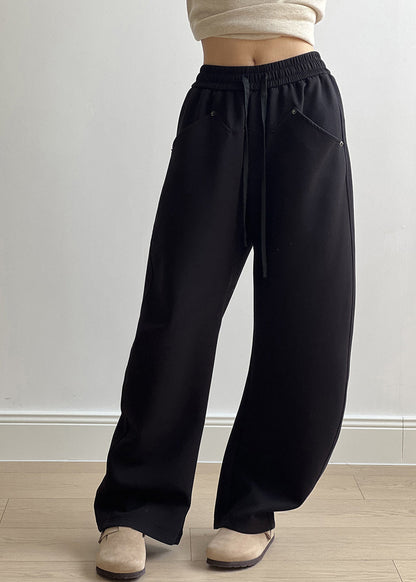Black Pockets Cotton Pants Drawstring Elastic Waist Fall Af1071