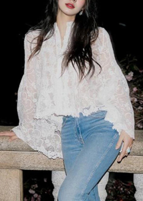 Stylish White Button Hollow Out Lace Blouses Flare Sleeve Qp056
