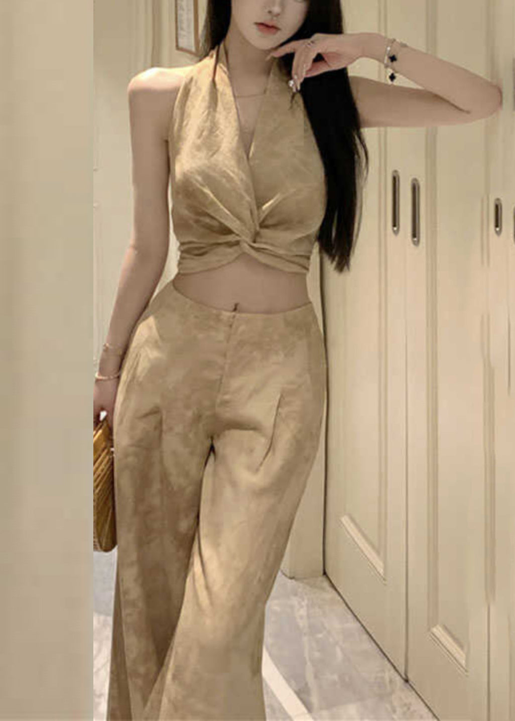 Original Design Halter Print Wrinkled Vest and Wide Leg Pants Two Pieces Set Sleeveless An1008