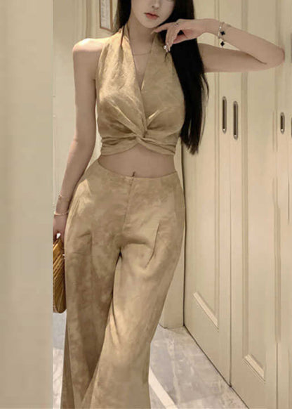 Original Design Halter Print Wrinkled Vest and Wide Leg Pants Two Pieces Set Sleeveless An1008