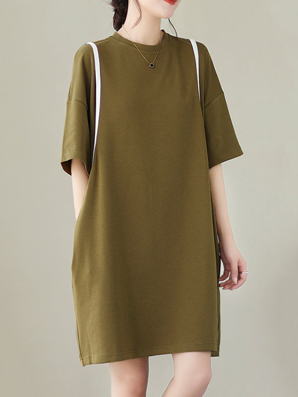 Loose Short Sleeves Split-joint Round-neck Mini Dresses