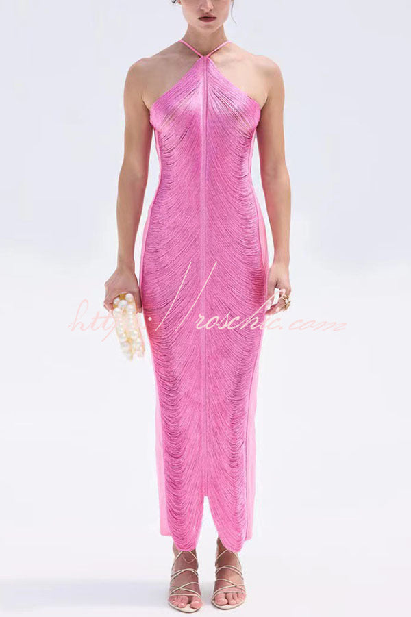 Allnight Metallic Halterneck Backless Fringed Slit Maxi Dress