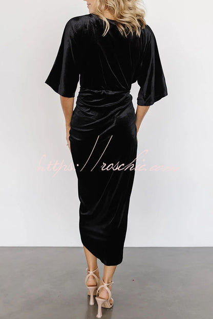 Brendy V Neck Half Sleeve Velvet Pleated Midi Dress