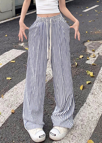 New Blue Striped Pockets Elastic Waist Cotton Pants Summer Nn003