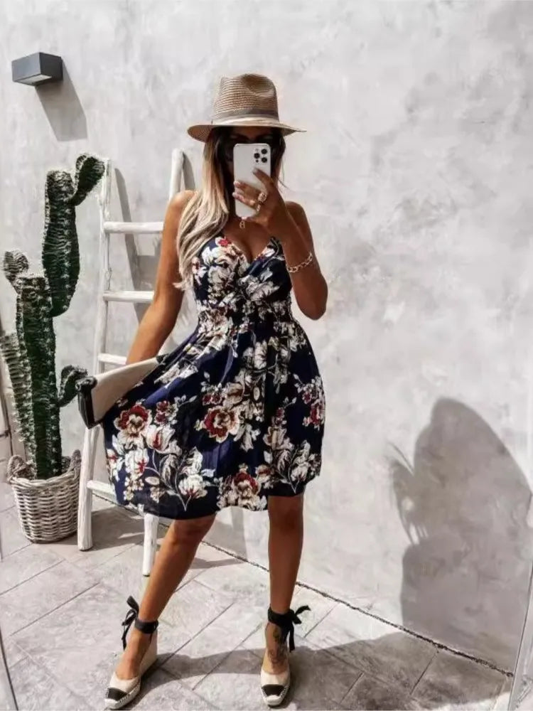 Print Spaghetti Strap Mini Dresses V-neck Backless Sleeveless Short Dress Vestidos Female Summer New