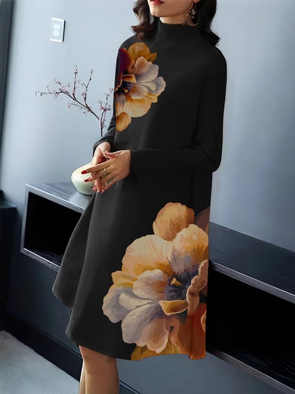 A-line Long Sleeves Flower Print Split-joint Mock Neck Midi Dresses