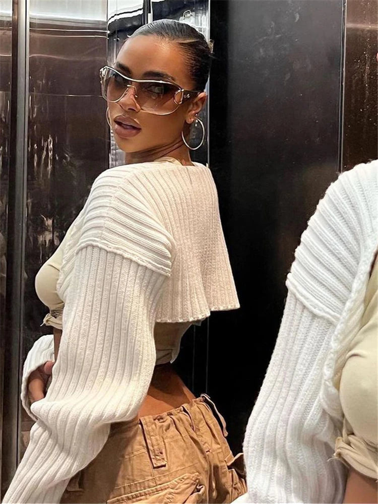 White Sweater Shrugs Cropped Top Full Lantern Sleeve Knitwear Pullover Summer High Street Outwear Spring