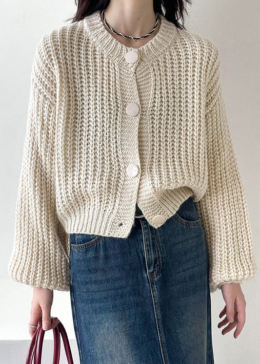 Beige Button Cotton Knit Cardigan O Neck Long Sleeve Af1035
