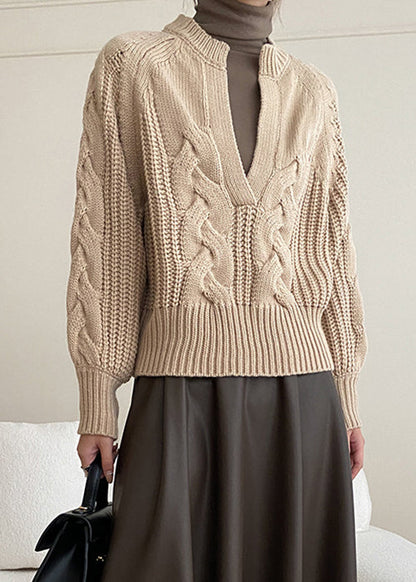 Khaki Cozy Knit Sweaters V Neck Fall Af1047