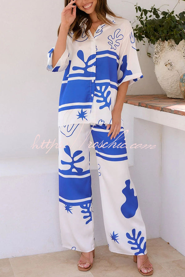 The Beach Unique Color Block Print Button Up Shirt and Elastic Waist Pants Set