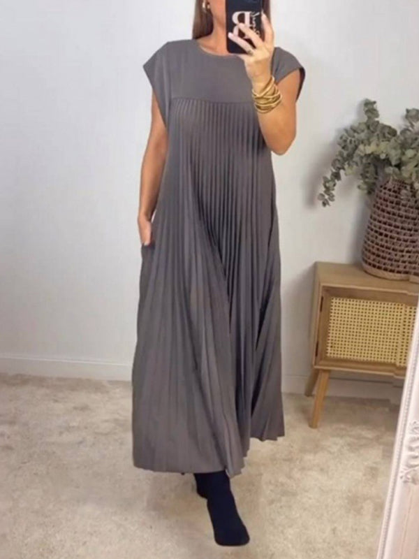 A-line High Waisted Pleated Pockets Color Split-joint Round-neck Maxi Dresses