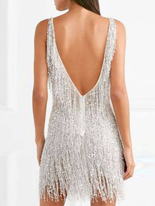 Fringed V-neck Slim Mini Dress