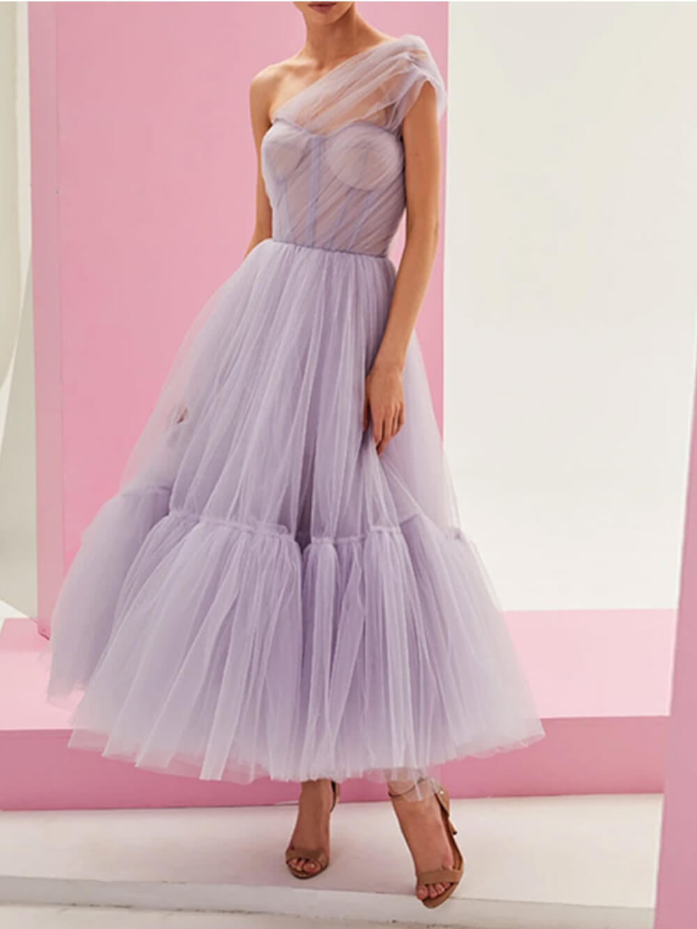 Off-shoulder Color Gauze Midi Dress
