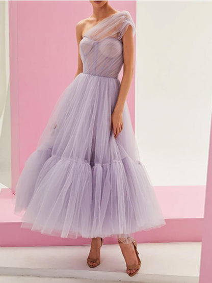Off-shoulder Color Gauze Midi Dress