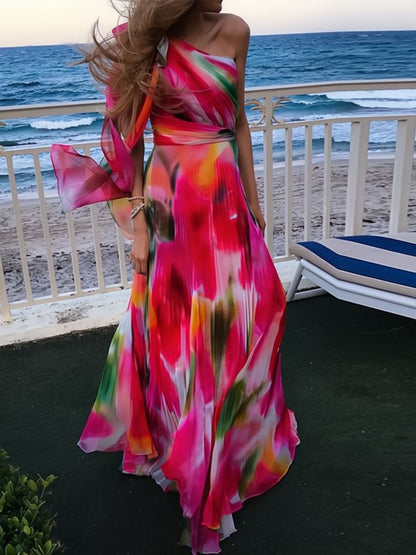 Rainbow Pleated Neck Maxi Dress