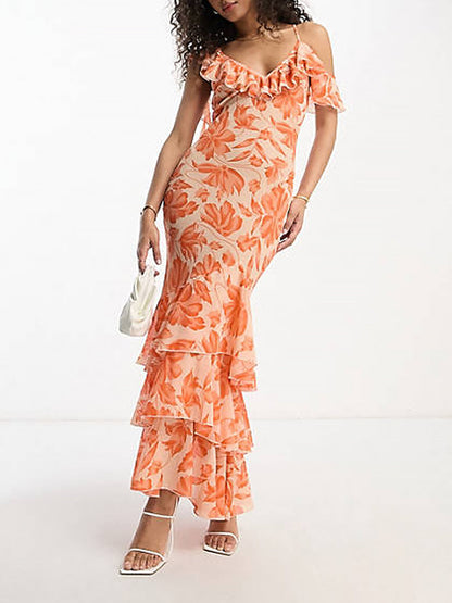 Shoulder Asymmetric Maxi Dress in Orange Jacquard