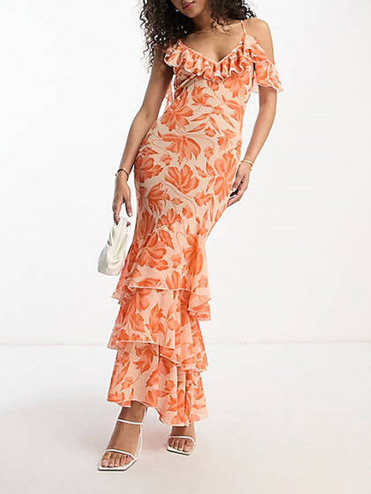 Shoulder Asymmetric Maxi Dress in Orange Jacquard