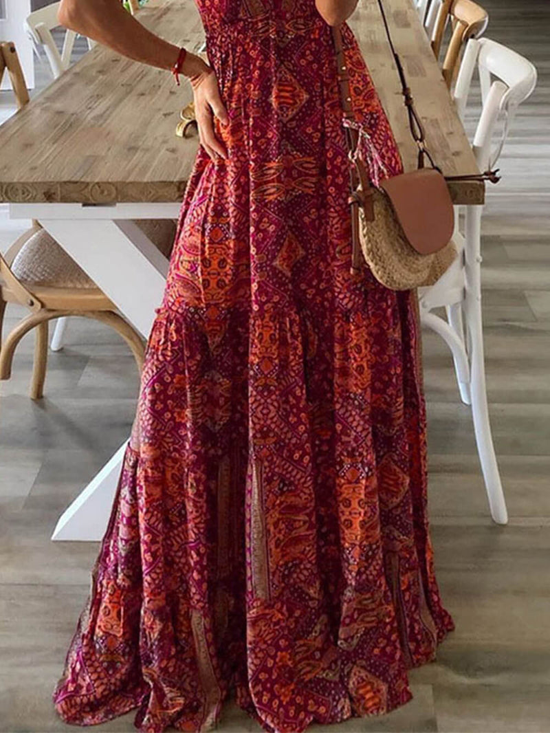 High Waist V-neck Print Maxi Dress