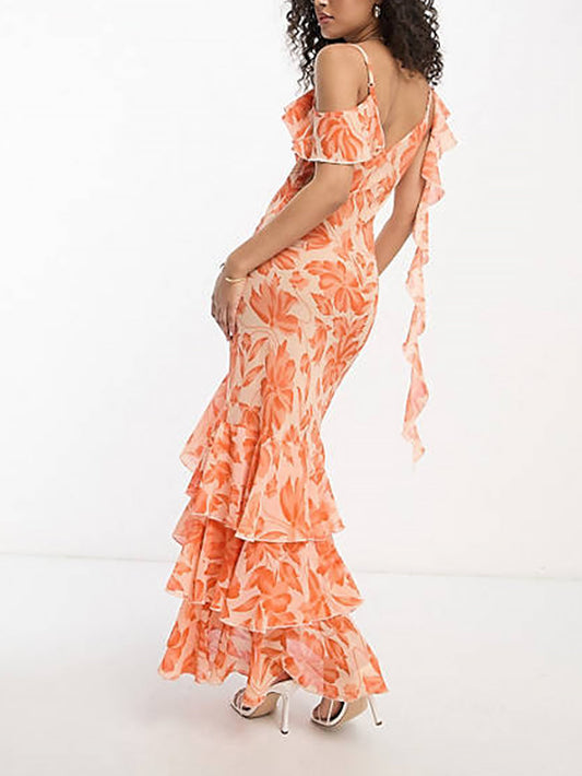 Shoulder Asymmetric Maxi Dress in Orange Jacquard
