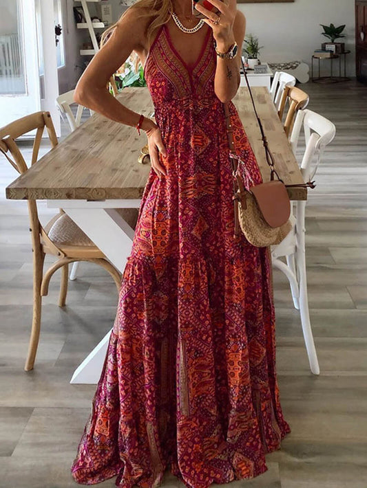High Waist V-neck Print Maxi Dress