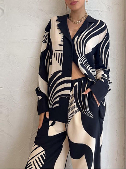 Graffiti Print Loose Wide Leg Pants Set
