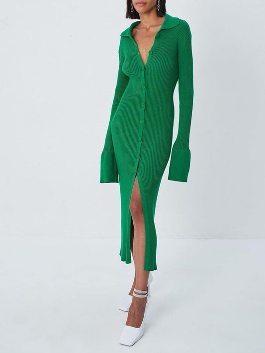 V-neck Long Bell Sleeve Sweater Maxi Dress
