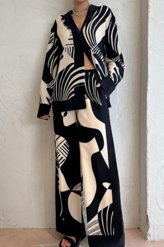 Graffiti Print Loose Wide Leg Pants Set