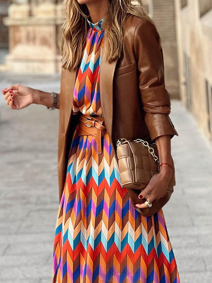 Stand Collar Midi Length Dress