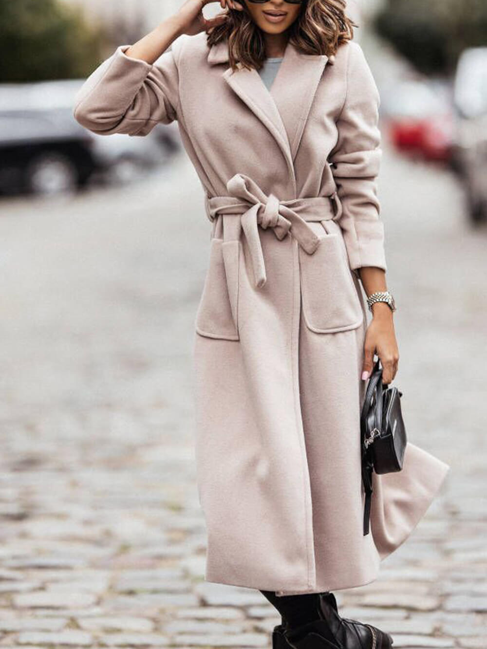 Simple Belted-waist Long Wool Coat