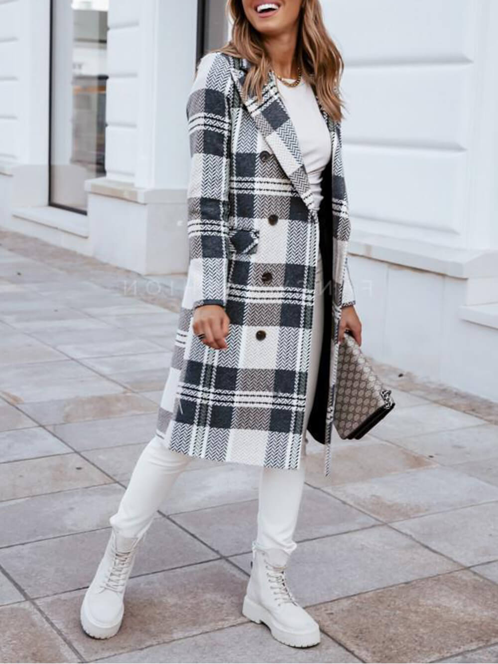 Checked Double-breasted Pea Coat With Flap