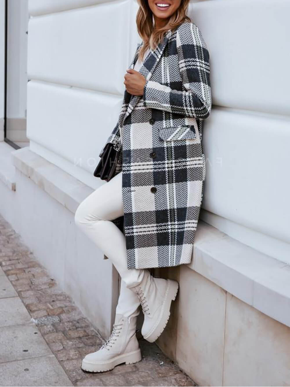 Checked Double-breasted Pea Coat With Flap