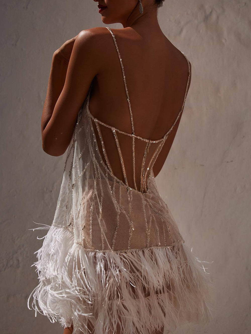 Backless Fringed Mesh Sequin Miniskirt