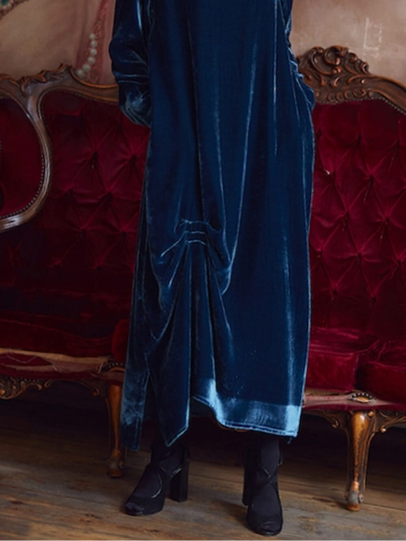 Draped Neck Ruched Velvet Midi Dress