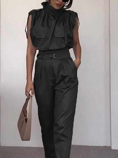 Side Pocket Belt Long Pant Set in Sage