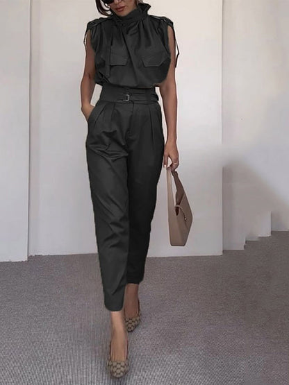 Side Pocket Belt Long Pant Set in Sage