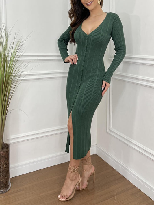 Knitted V-neck Long-sleeved Midi Dress