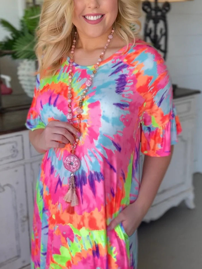 Tie-dye Positioning V-neck Pullover Skirt Short-sleeved Long Skirt