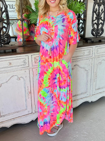 Tie-dye Positioning V-neck Pullover Skirt Short-sleeved Long Skirt
