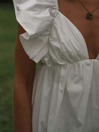 V-neck Ruffle Sleeve Short Mini Dress