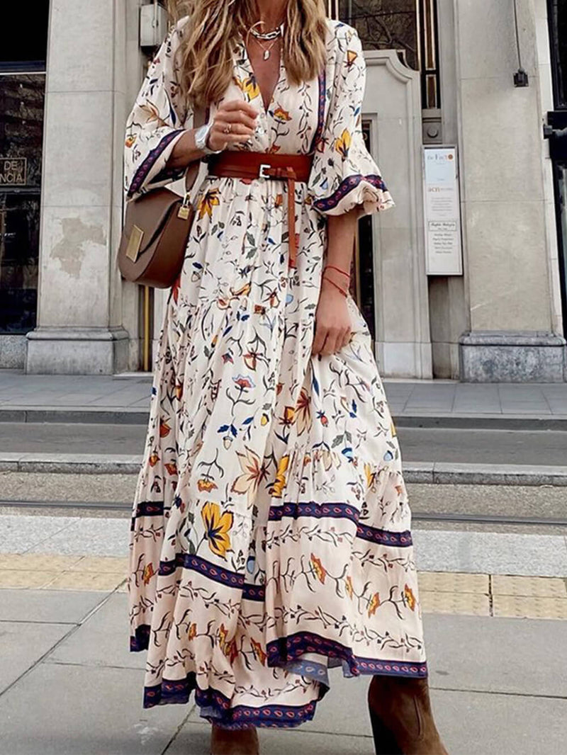 V-neck Printed Loose Maxi Dress