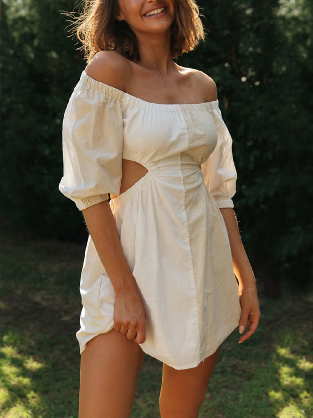 One-shoulder Off-waist Balloon Sleeve Mini Dress
