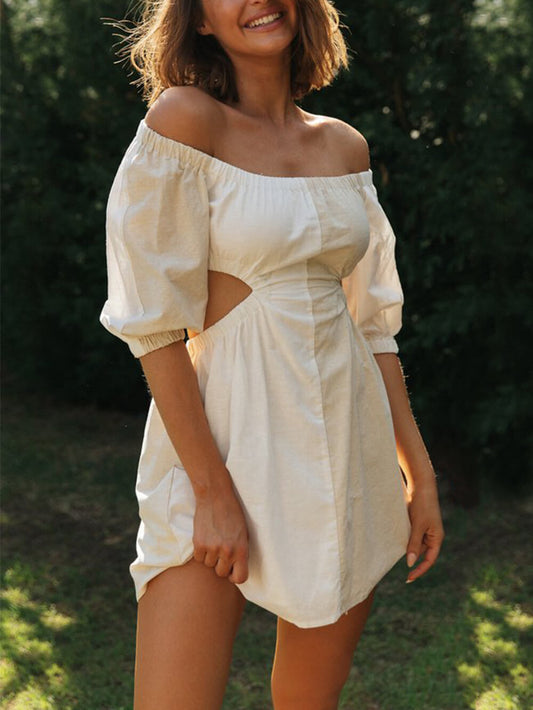 One-shoulder Off-waist Balloon Sleeve Mini Dress