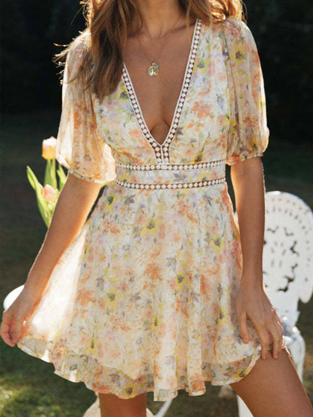 Chiffon Printed V-neck Puff Sleeve Mini Dress