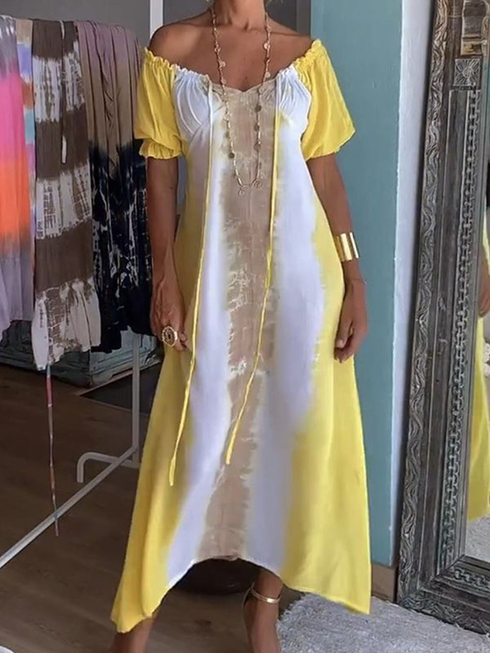 Yellow Tie Dye V-neck Drawstring Maxi Dress