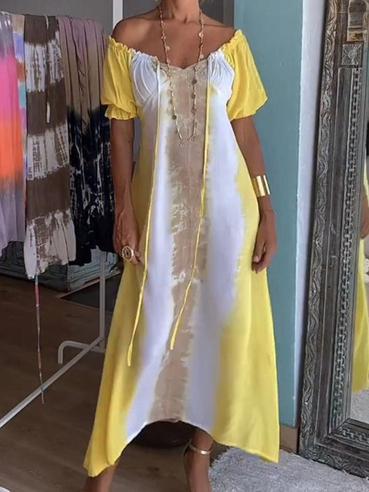Yellow Tie Dye V-neck Drawstring Maxi Dress